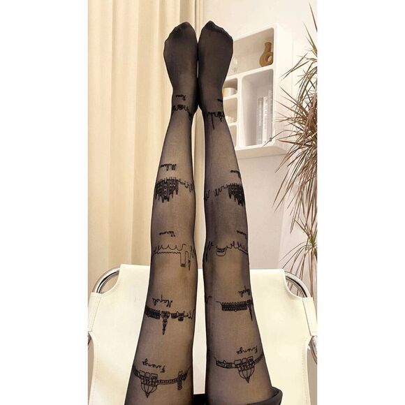🏙️ Travel Cities Tattoo Printed Tights Black Sheer Nylon Pantyhose Hosiery NEW - Picture 3 of 16